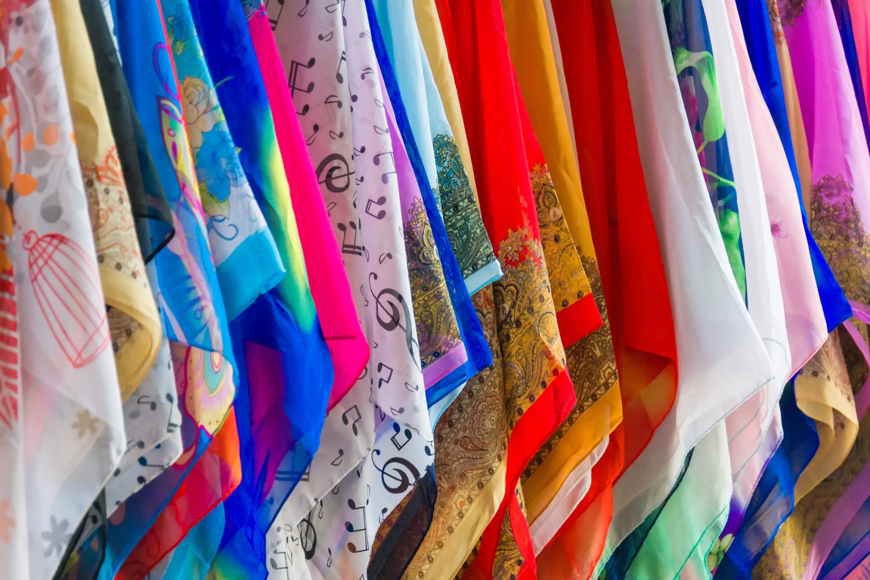 Bunt gemusterte Stoffe oder Schals, die in einer Reihe aufgehängt sind und verschiedene Muster und leuchtende Farben zeigen.