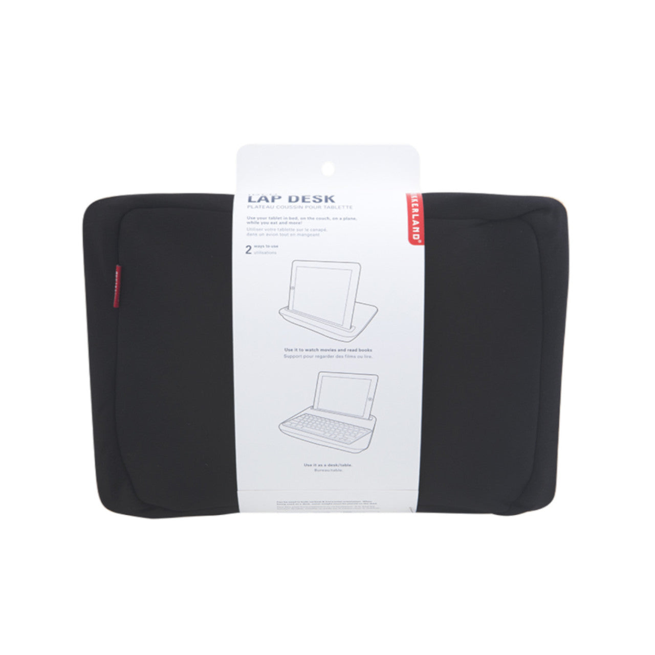 Der schwarze iBed Lap Desk mit weißer Verpackung zeigt Produktanweisungen und Abbildungen zur Verwendung der Laptop- und Tablet-Halterung und bietet eine bequeme Knieablage für vielseitige Arbeit oder Freizeit.