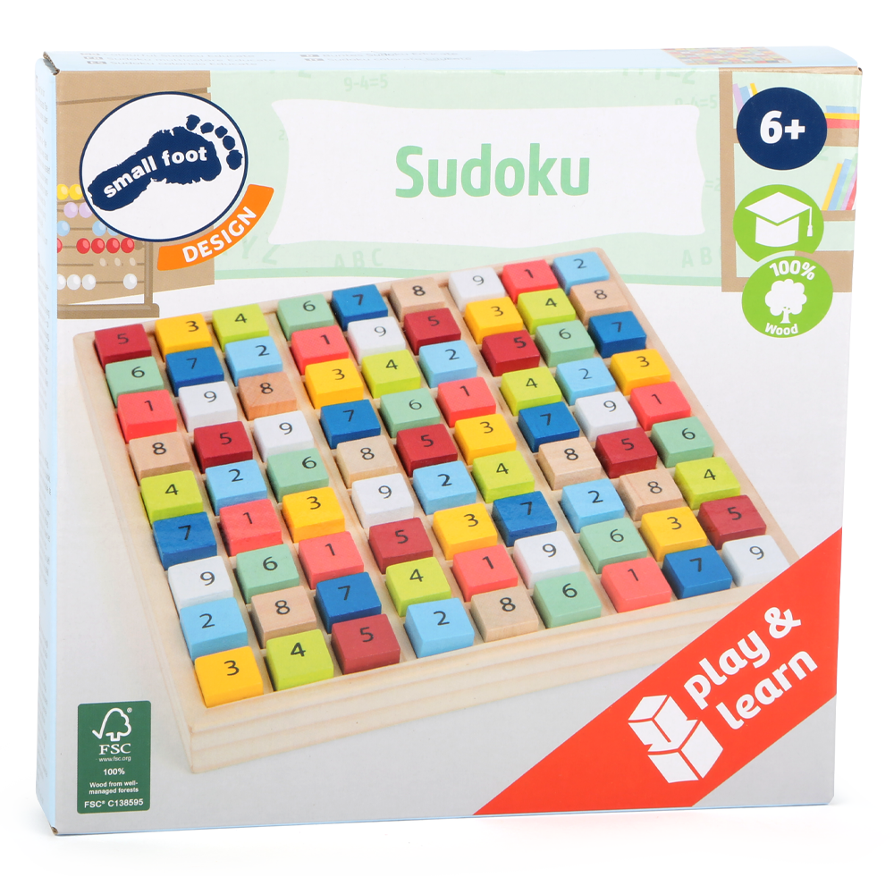 Ein farbenfrohes Sudoku-Lernspiel aus Holz für Kinder ab 6 Jahren, abgebildet auf der Produktverpackung.