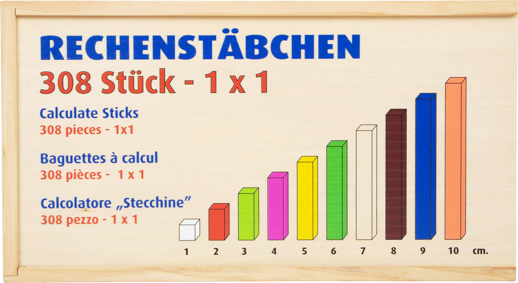 Rechenstäbchen aus Holz mit farbigen Balken, die nach Länge von 1 cm bis 10 cm beschriftet sind, in Deutsch, Englisch, Französisch und Italienisch – ideal zum Aufbau von Mathematikkenntnissen und Zahlenverständnis.