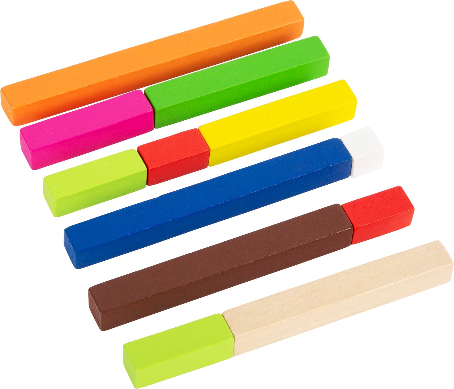 Sechs bunte Rechenstäbchen in unterschiedlichen Längen sind in parallelen Reihen auf weißem Hintergrund angeordnet – ideal zur Förderung des Zahlenverständnisses und der Mathematik-Kenntnisse.