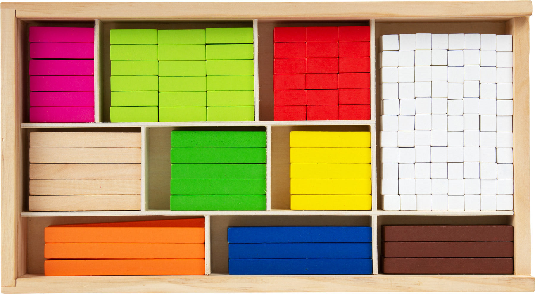 Holzkiste mit bunten Rechenstäbchen, farblich in separaten Fächern geordnet, perfekt zum Aufbau von Mathematik-Kenntnissen und zur Stärkung des Zahlenverständnisses.