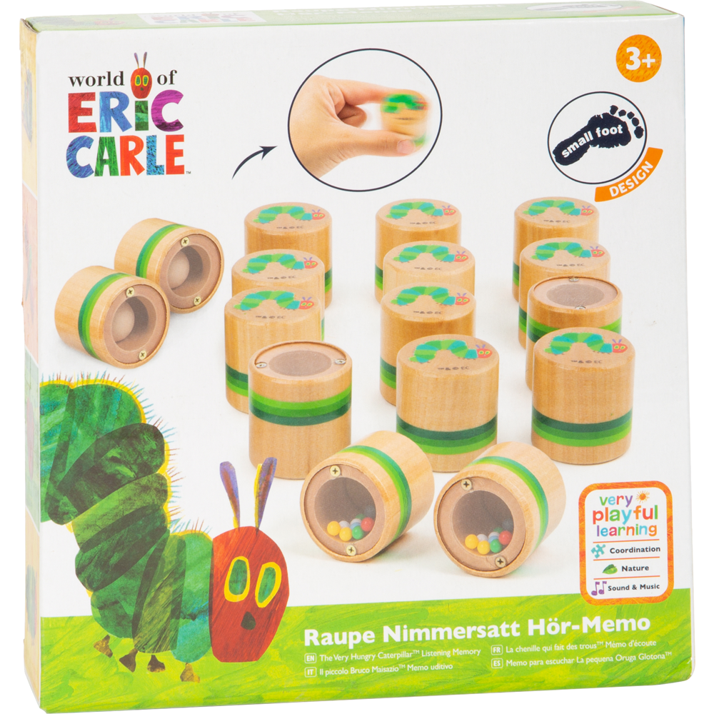 Box mit dem Hör-Memo-Gedächtnisspiel „Die kleine Raupe Raupe“ mit Holzteilen im Raupe Nimmersatt-Design, ab 3 Jahren.