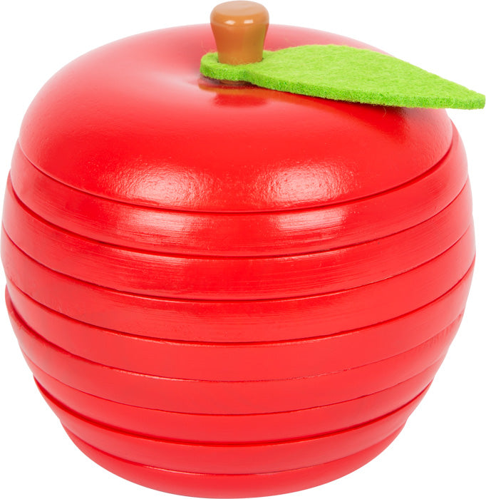 Roter, apfelförmiger Vollholzbehälter mit grünem Filzblatt, braunem Stiel oben drauf und perfekt für den Steckspielspaß – ideal zum Aufbewahren von Raupen oder kleinen Schätzen.