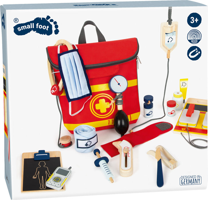 Spielzeug-Arztset mit rotem Rettungsrucksack, medizinischen Werkzeugen und Zubehör für Kinder ab 3 Jahren – perfekt für den Spielspaß Notarzt-Spielset und Arzt-Patienten-Rollenspiel.