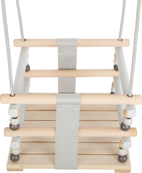 Kleinkindschaukel Indoor aus Holz Skandi mit grauen Stoffriemen.