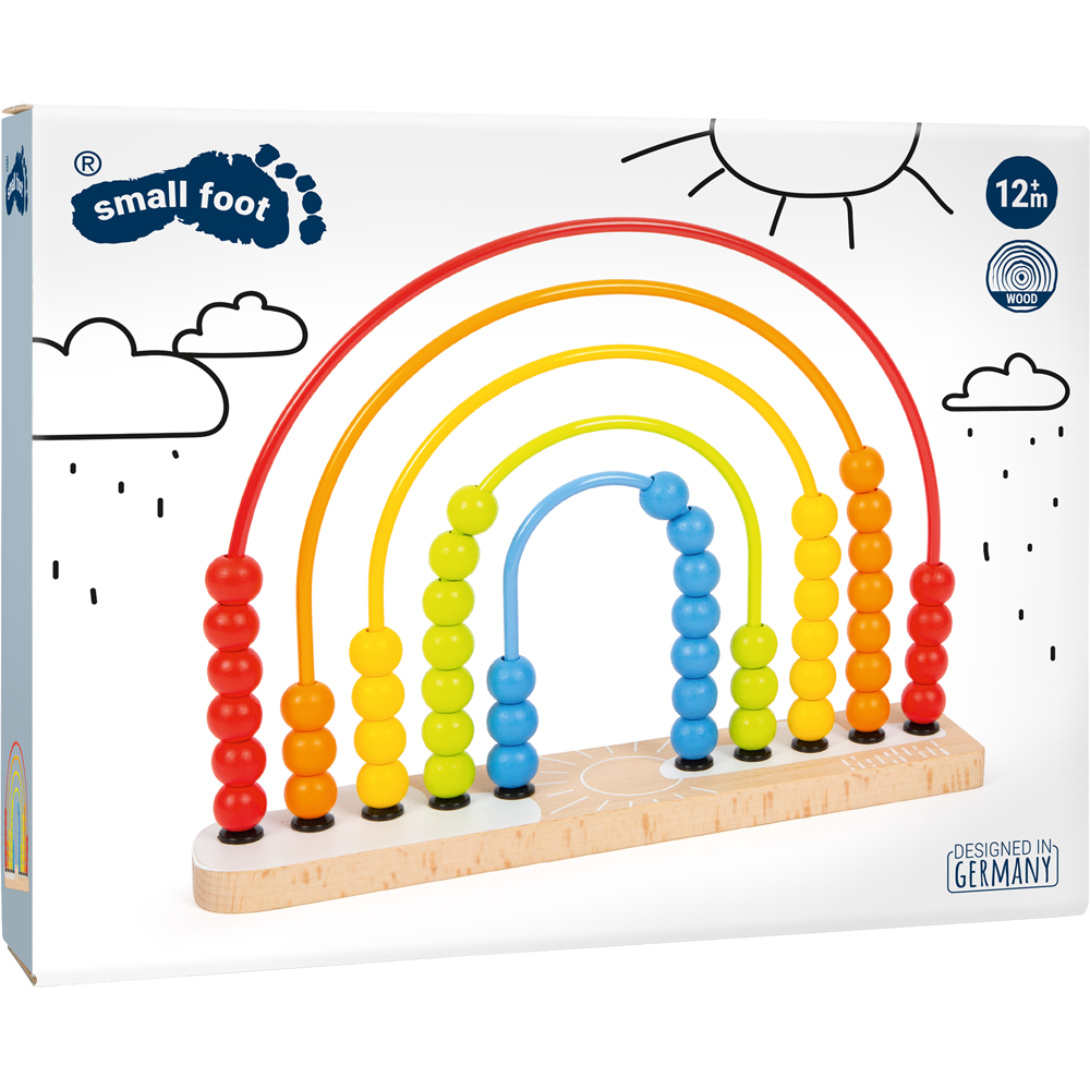 Regenbogenfarbenes Motorikschleifen-Spielzeug aus Holz auf einer Schachtel mit verspielten Strichzeichnungen und small foot-Branding – perfekt als Lernspielzeug und bezaubernde Kinderzimmerdekoration.