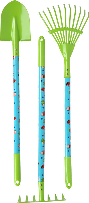 Drei bunte Gartengeräte für Kinder aus Metall mit grünen Griffen und Marienkäfern.