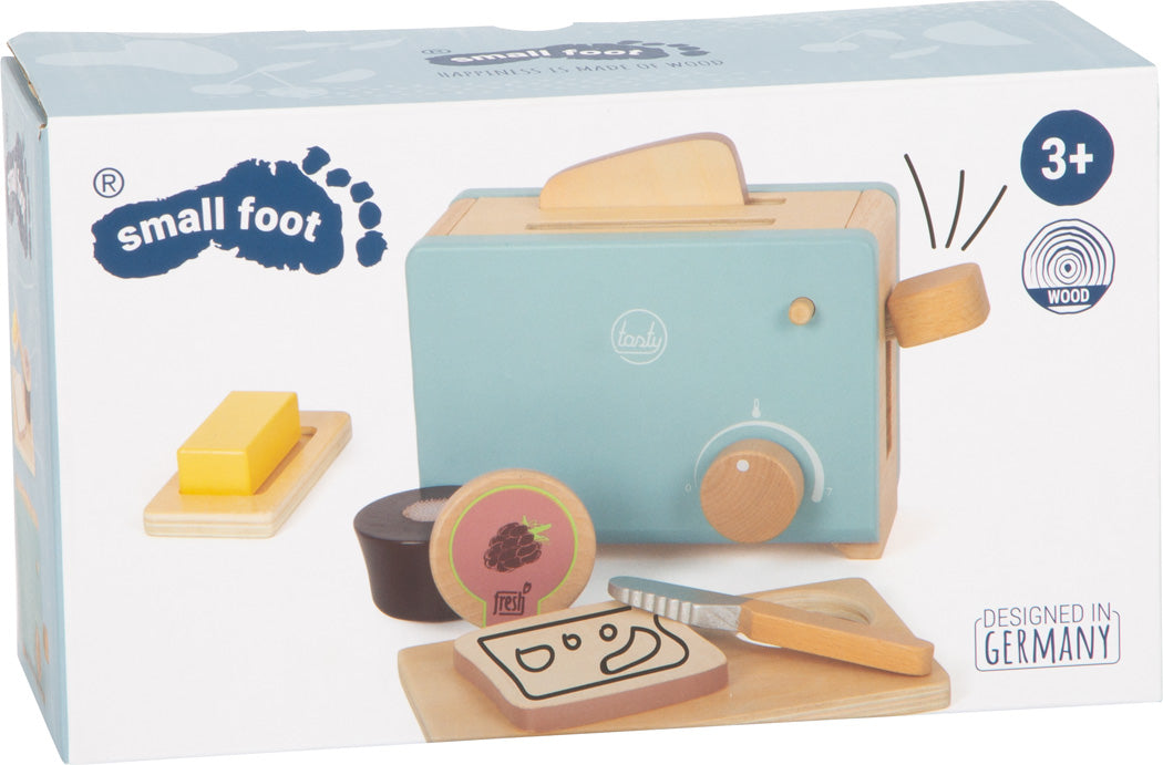 Spielzeug-Toaster-Set aus Holz mit Brot, Butter und Marmelade – das perfekte Zubehör für jede Kinderküche, für Kinder ab 3 Jahren.