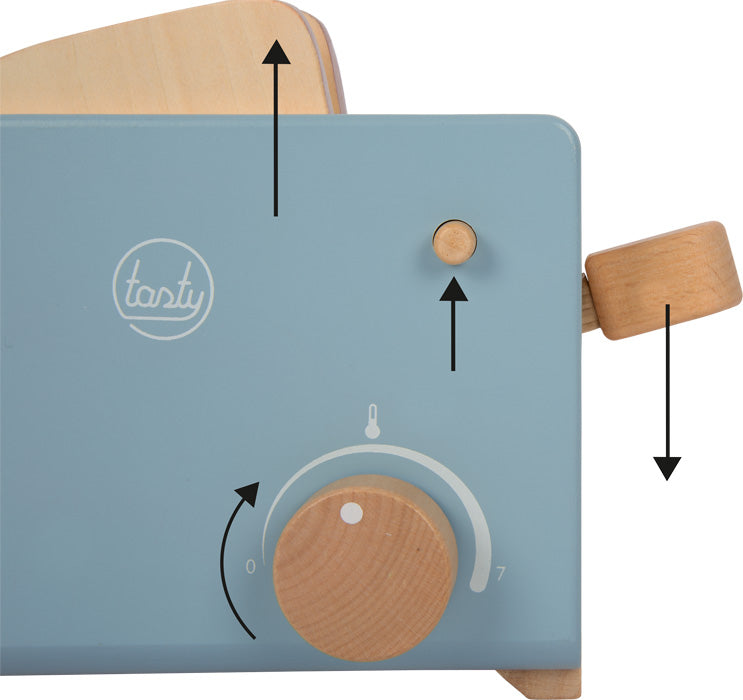 Blue Toaster für die Kinderküche mit Holzknöpfen und Pfeilen, die Funktionen von Hebel, Knopf und Drehregler zeigen – perfektes Zubehör fürs Spielen.