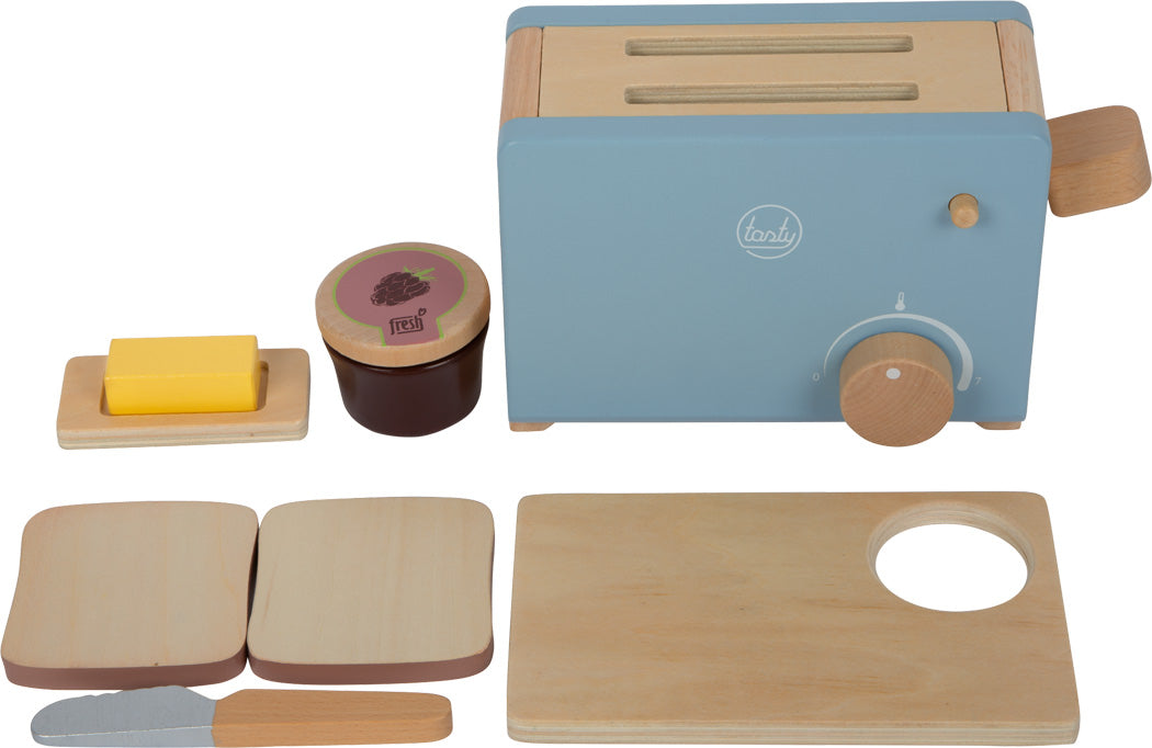 Bezauberndes Spielzeug-Toaster-Set für die Kinderküche, komplett mit Toastscheiben aus Holz, Butter, Marmelade, Messer und Schneidebrett – das perfekte Zubehör für kleine Köche.