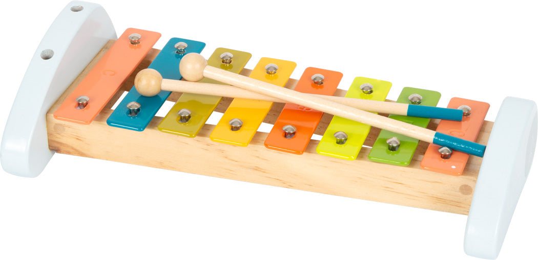 Buntes Holz-Xylophon mit farbcodierten Klangstäben und stabilem Holzsockel, auf dem zwei Schlägel aufliegen – perfekt zur Förderung des Rhythmus- und Taktgefühls junger Musiker.