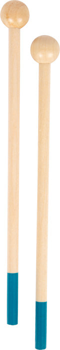 Zwei Holzschlägel mit runden Köpfen und blaugrünen Enden an den Griffen, perfekt zum Spielen farbcodierter Klangstäbe oder eines Holz-Xylophons zur Förderung von Rhythmus- und Taktgefühl.
