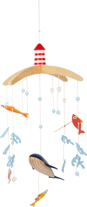 Bezauberndes 3D-Mobile mit rot-weißem Leuchtturm, Fischen und Seetang – perfekt als Unterwasserwelt-Kinderzimmer-Accessoire.