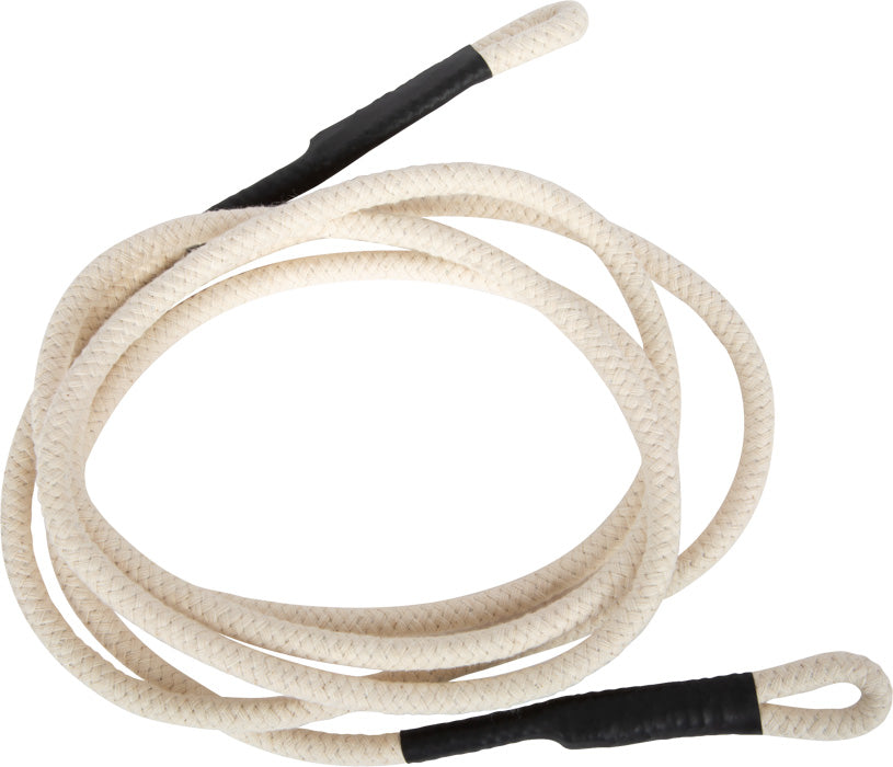 Ein aufgerolltes weißes Seil mit schwarzen Bandsicherungsschlaufen an beiden Enden, perfekt als Entdeckerspielzeug oder zum Befestigen an Ihrem Outdoorgürtel bei Naturwanderungen.