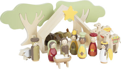 Holzkrippe mit Figuren von Maria, Josef, Jesuskind, Heiligen Drei Königen, Tieren und einem Stall – eine bezaubernde Weihnachtsdekoration und ein klassisches Holzspielzeug für Ihr Zuhause.