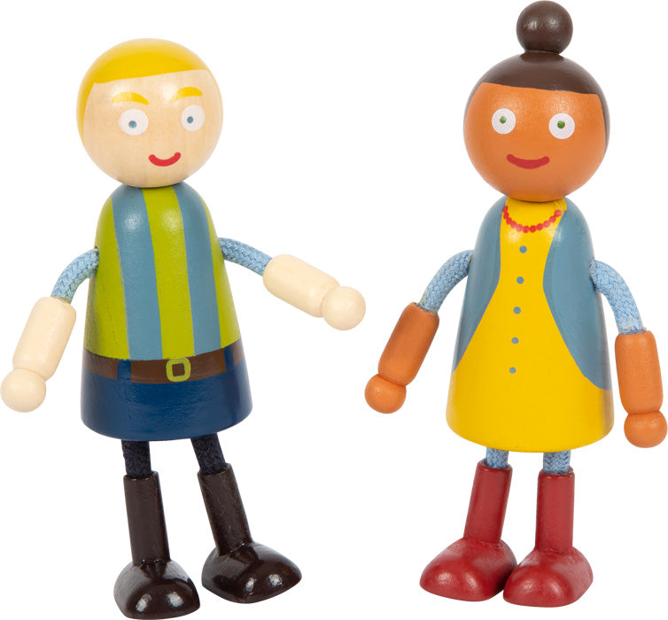 Zwei bunte Biegepüppchen mit beweglichen Armen und Beinen stehen Seite an Seite und lächeln – perfekt, um Diversität in jeder Puppenfamilie zu zeigen.