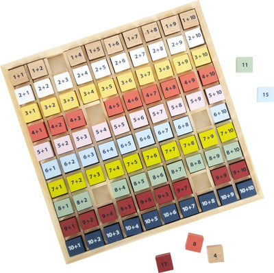 Mathe-Puzzle aus Holz als Lernhilfe mit farbigen Kacheln, die jeweils eine Additionsgleichung zeigen, einige Kacheln liegen außerhalb des Massivholz-Additionsbretts.