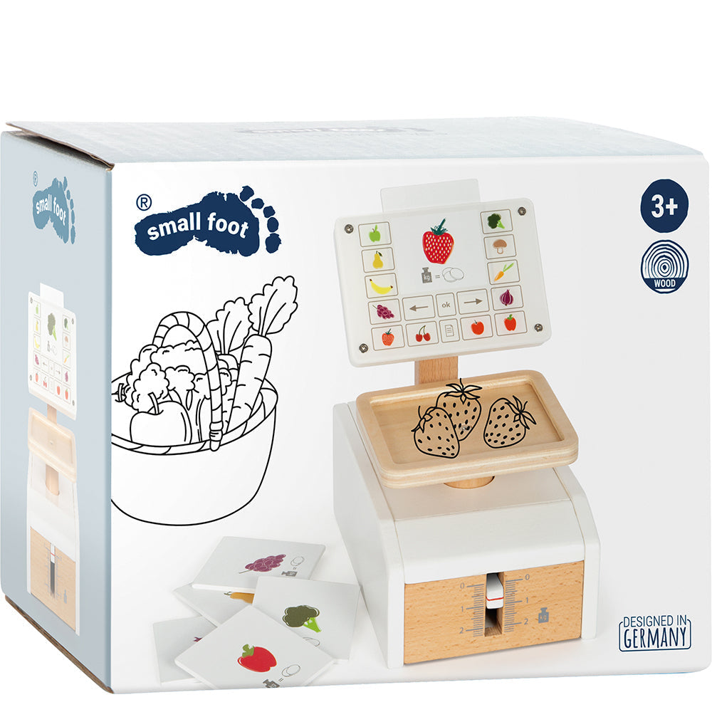 Spielzeug-Holzwaage-Set für Kinder, perfekt als Kaufladen-Zubehör, mit Obst- und Gemüseabbildungen auf der Schachtel. Ideales Spiellebensmittel für Kinder ab 3 Jahren.