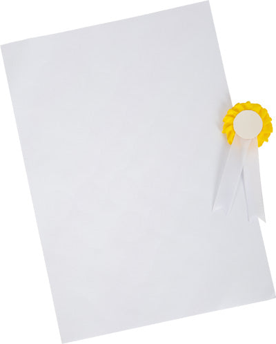 Leeres weißes Zertifikat mit einer gelb-weißen Rosette auf der rechten Seite, perfekt für Steckenpferdwettbewerbe oder zur Anerkennung herausragender Leistungen in der Pferdepflege.