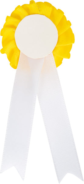 Eine gelbe Bandrosette mit einer leeren weißen Mitte und zwei langen, herunterhängenden weißen Enden – perfekt zum Dekorieren Ihrer Pferdeputztasche oder zum Feiern von Erfolgen im Hobby Horse-Bereich.