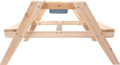 Holz-Picknicktisch für Kinder, Seitenansicht mit aufgesetzten Sitzbänken und sichtbaren Schrauben – perfekt für kreatives Spielen im Freien.