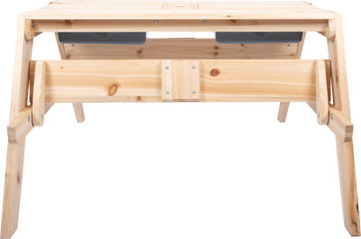 Stehpult aus Holz mit angewinkelten Beinen und zwei Ablagefächern unter der Tischplatte, ideal für kreatives Spielen oder als stylischer Picknicktisch, von vorne betrachtet.