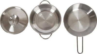 Dieses Set ist perfekt für kleine Kinderköche und enthält drei Kochgeschirrteile aus Edelstahl: einen Topf mit Deckel, einen offenen Topf mit Griffen und eine Bratpfanne – ideales Zubehör für jede Spielküche oder Holz-Spielküche.