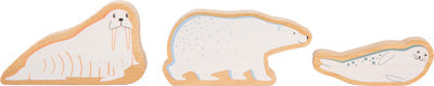 Drei weiß bemalte Holztierfiguren – ein Walross, ein Eisbär und eine Robbe – mit schlichten Details bringen arktisches Design in die Spielzeit und passen perfekt in jede Montessori-Pädagogik-Umgebung.