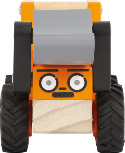 Orangefarbene Spielzeug-Dampfwalze mit Gesicht, großen schwarzen Rädern und einer grauen Vorderwalze aus Holz – perfekt für jedes Kinderzimmer und fantasievolles Spielen.