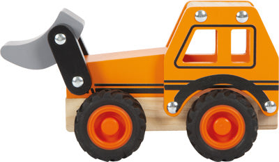 Orange-schwarzer Spielzeug-Frontlader-Mülleimer mit grauer Schaufel, Holzgehäuse und vier schwarzen Rädern – perfekt für fantasievolles Spielen im Kinderzimmer.