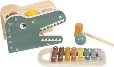Krokodil-Spielzeugset aus Holz mit buntem Xylophon, Bällen und einem Schlägel – perfekt für den Motorikspaß, bei dem Kinder Freude an diesem Klopfspiel haben und Musik machen!.