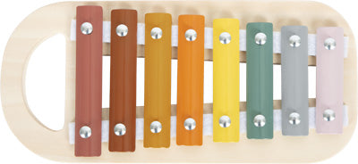 Ein hölzernes Klopfspiel-Xylophon mit acht bunten Klangstäben in Braun, Orange, Gelb, Grün, Blau, Grau und Pink – perfekt für Motorikspaß und musikalische Entdeckungen.