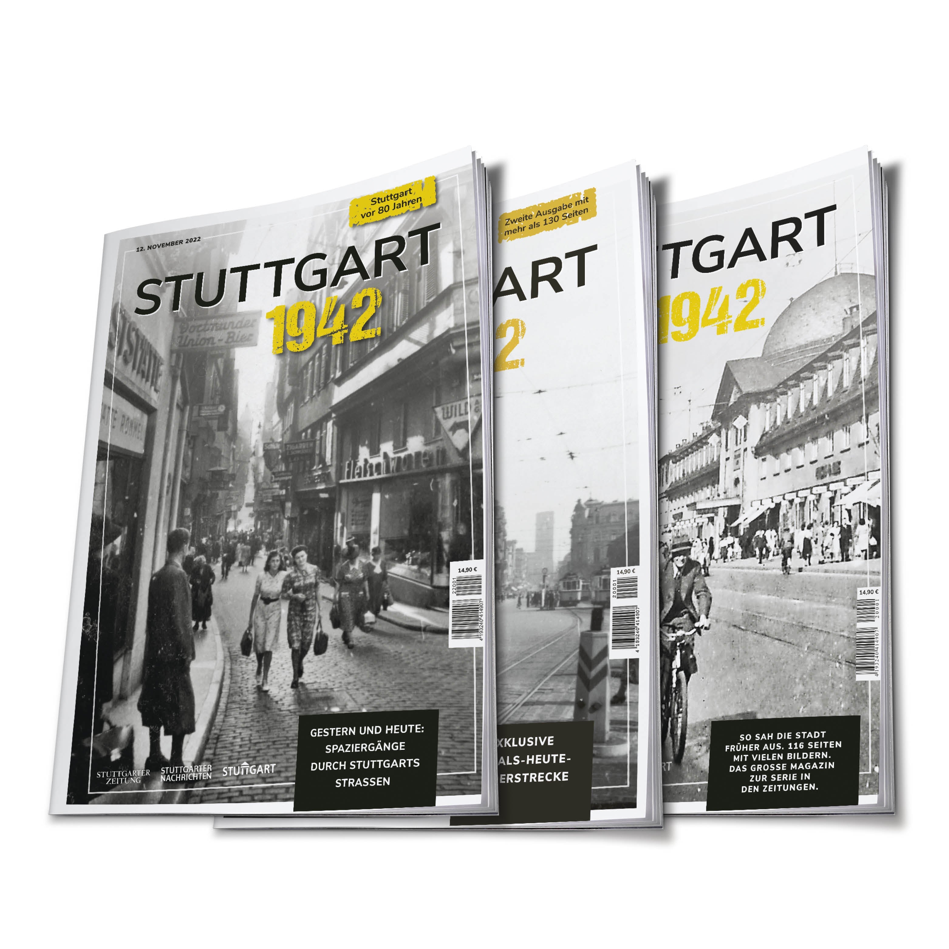 Drei Zeitschriften mit dem Titel STUTTGART 1942 zeigen historische Fotografien auf den Covern, mit eindrucksvollen Schwarz-Weiß-Aufnahmen aus dem Stadtarchiv.