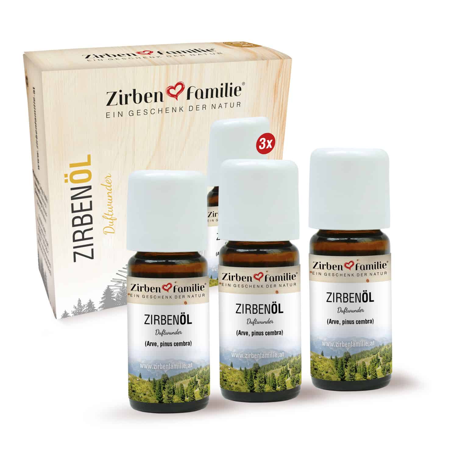 Drei Flaschen ZirbenÖl 10 ml im 3er-Pack werden vor einer von der Natur inspirierten Box platziert, ideal für eine natürliche Raumlufterfrischung.