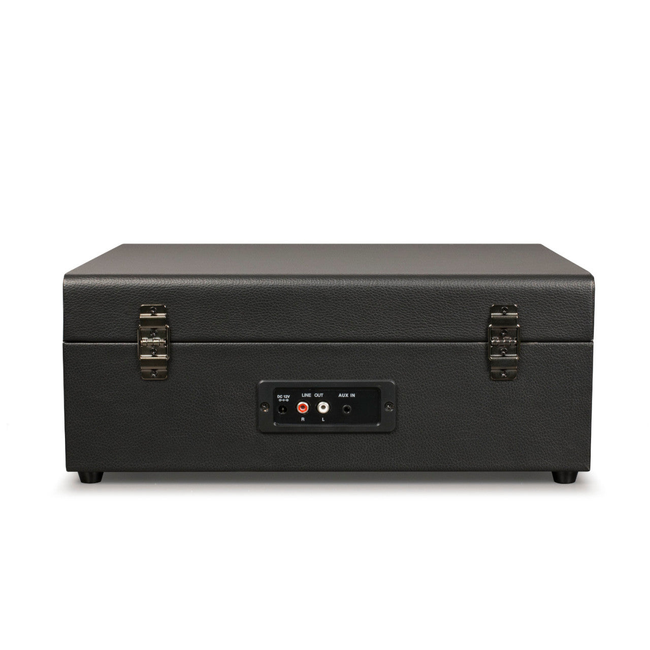 Schwarze rechteckige Box mit Metallverschlüssen und Audio-Ein-/Ausgangsanschlüssen auf der Rückseite, von hinten betrachtet – ideal als Bluetooth-Lautsprecher oder zum Koppeln mit einem Bluetooth Voyager-Plattenspieler mit 3 Geschwindigkeiten.