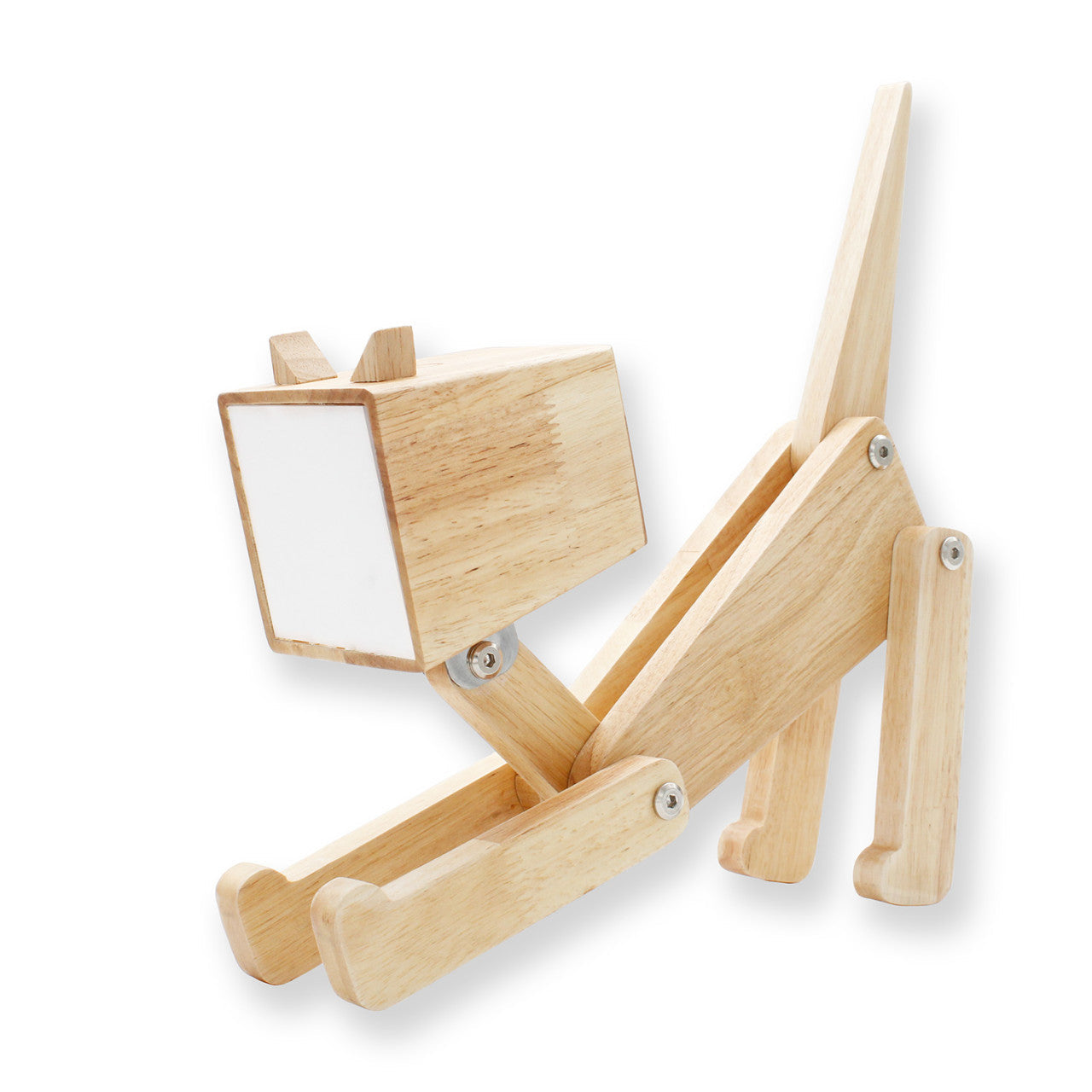 Holzskulptur einer Katze in Streckpose mit quadratischem Kopf, gefertigt aus hellem Holz. Mit beweglichen Gelenken verleiht sie jedem Raum Charme – ein perfektes Katzen-Design für Ihre Tischlampe oder Ihr Regal.