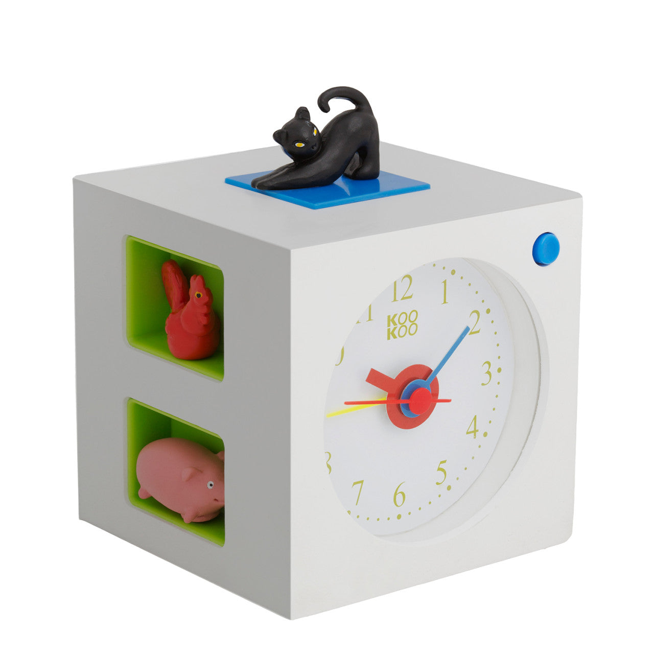 Kookoo Kinderwecker KidsAlarm - Weiß mit Tierfiguren oben drauf.
