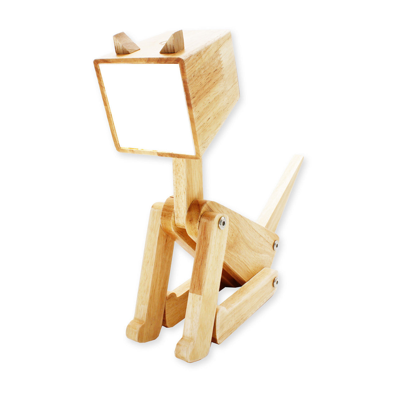 Dimmbare Tischlampe im Katzen-Design: Diese Holzlampe in Form einer sitzenden Katze mit gelenkigen Beinen und quadratischem Kopf ist ein echter Blickfang.