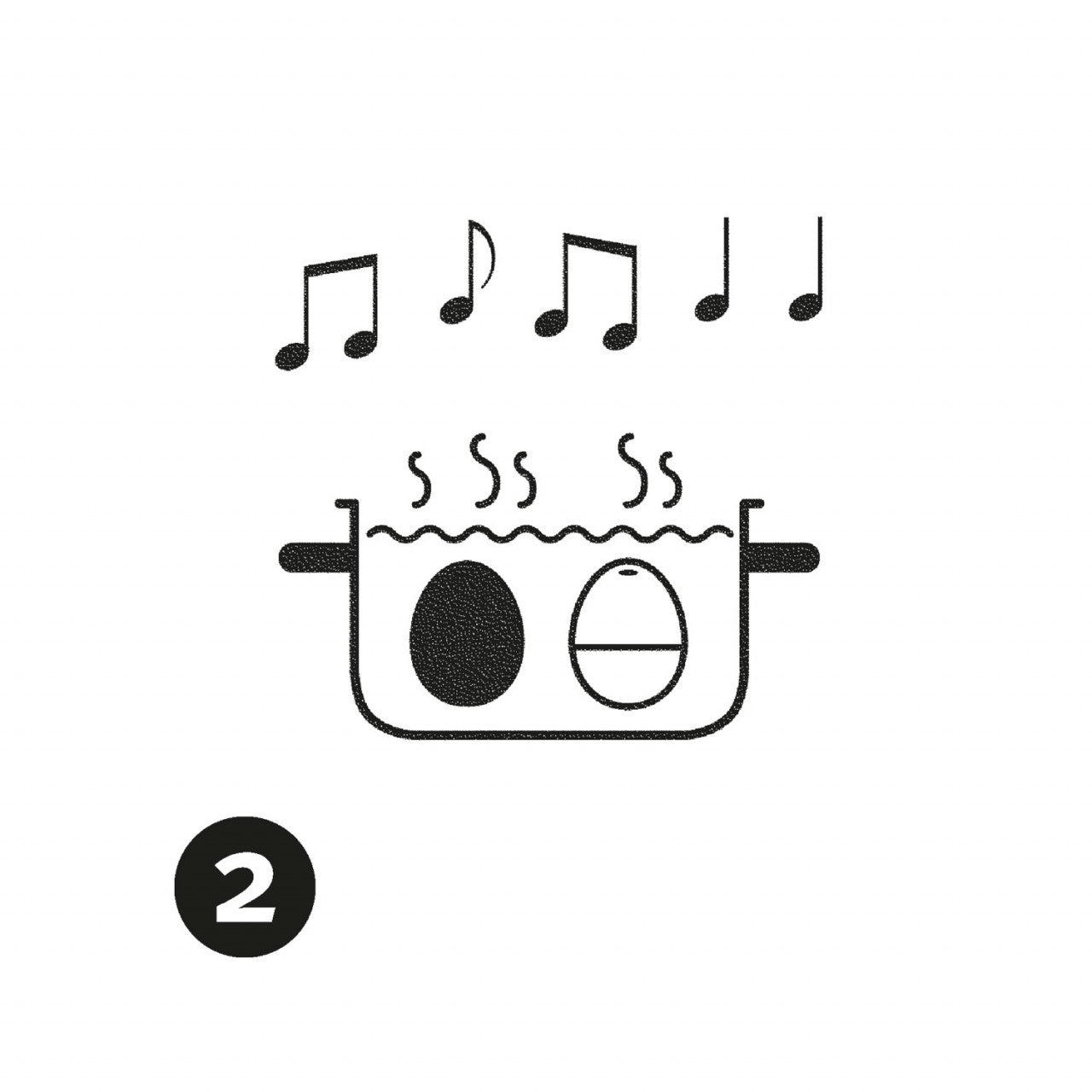 Zwei Eier kochen in einem Topf, Dampf steigt auf, darüber erklingen Musiknoten, genau wie bei den smarten Piep-Eiern. Links ist eine eingekreiste 2 zu sehen.