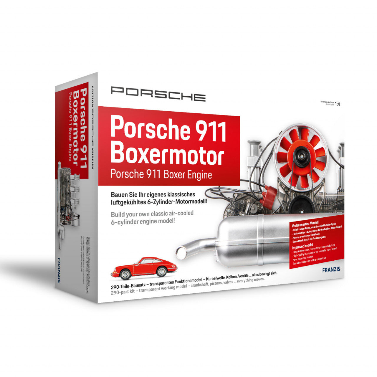 Box für einen FRANZIS Porsche Bausatz mit einem 6-Zylinder-Boxermotor-Modellbausatz, mit Motorillustration und Text in Deutsch und Englisch.