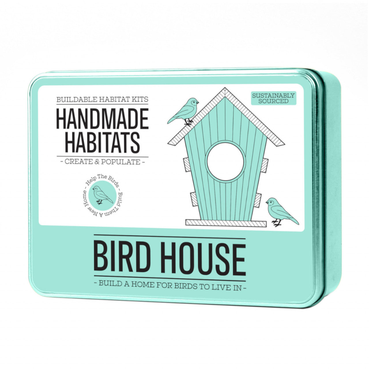 Eine mintgrüne Dose mit der Aufschrift „Handmade Habitats Vogelhotel Bird House“ mit bezaubernden Vogelhaus- und Vogelillustrationen.