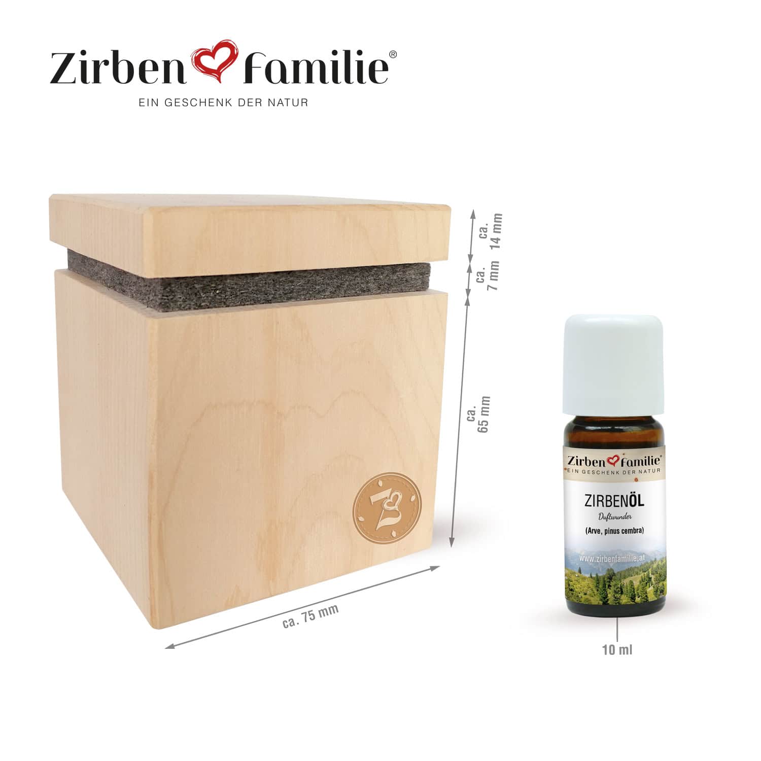 Zirbenwürfel-Set Premium-Edition mit Zirbenöl zur natürlichen Raumbeduftung abgebildet.