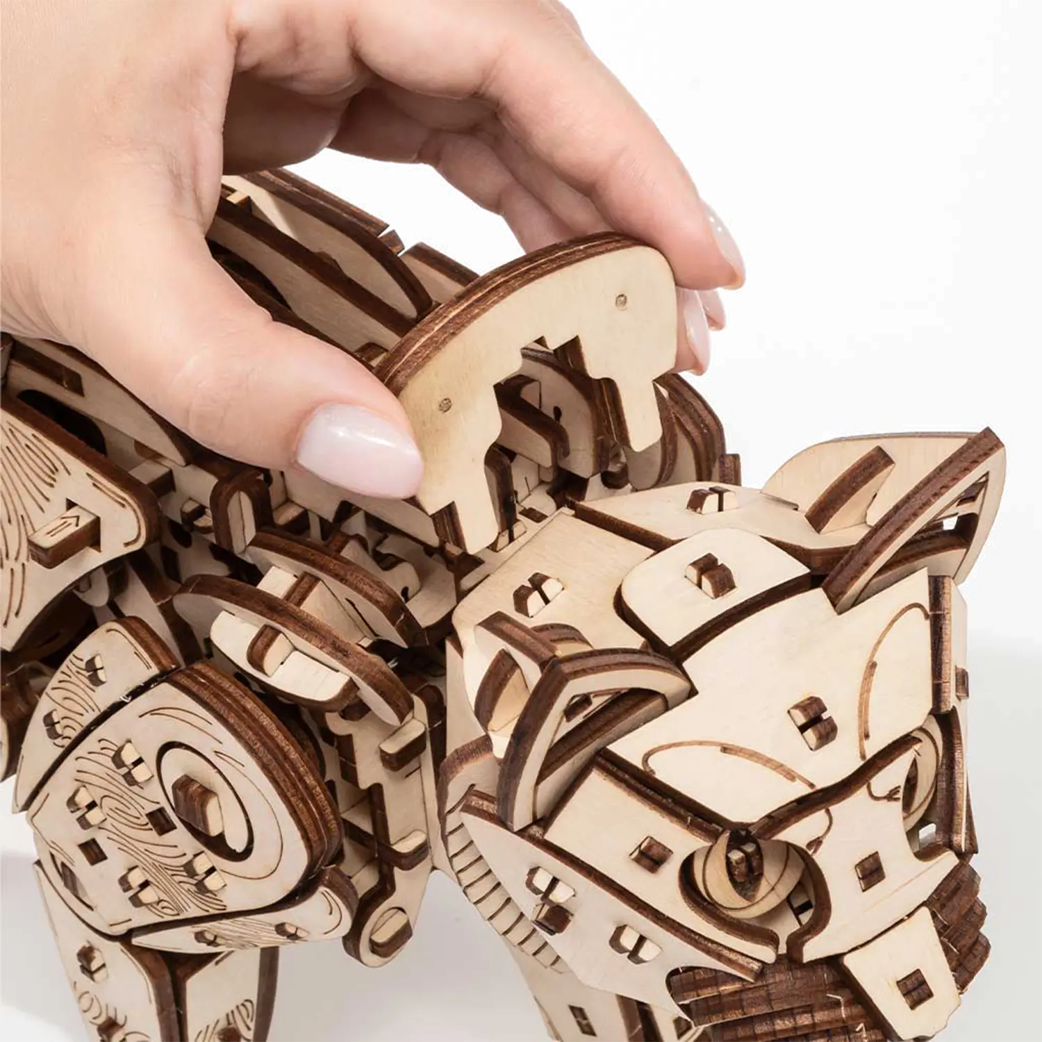Eine Hand hält ein 3D-Holzpuzzle Mechanische Katze, natur, bereit zum Zusammenbau.