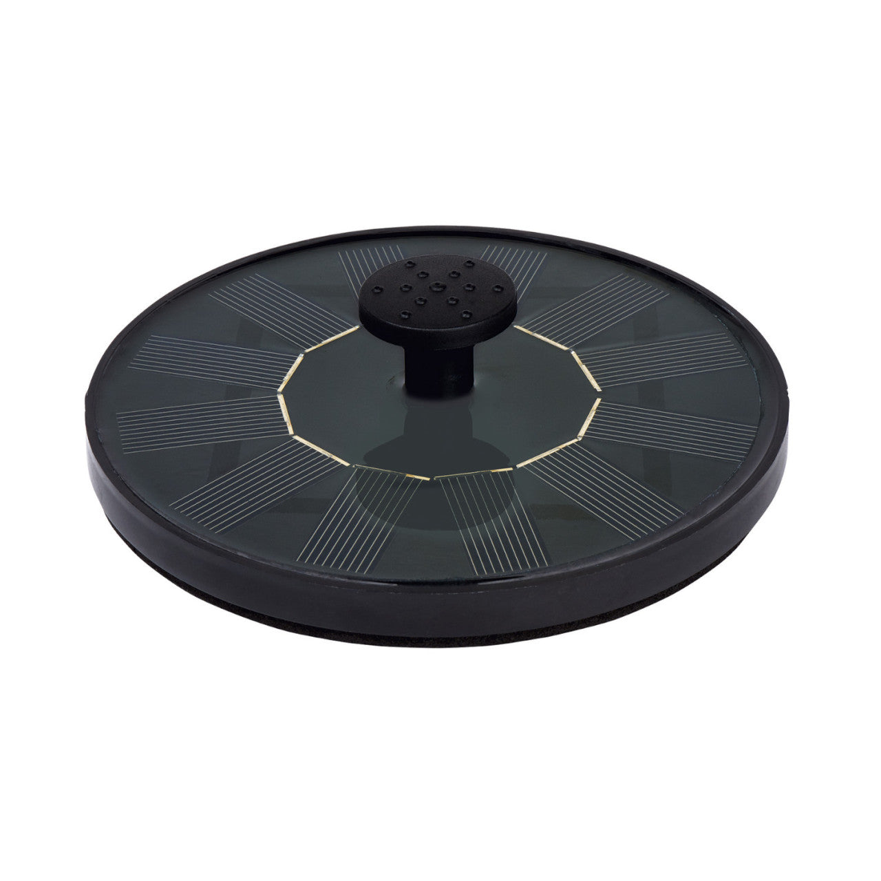 Runde schwarze solarbetriebene Springbrunnenpumpe mit zentralem Ausguss und sichtbaren Solarmodulen auf der Oberfläche, ideal als Gartendeko-Solar-Brunnen für ein bezauberndes Wasserspiel in Ihrem Garten.