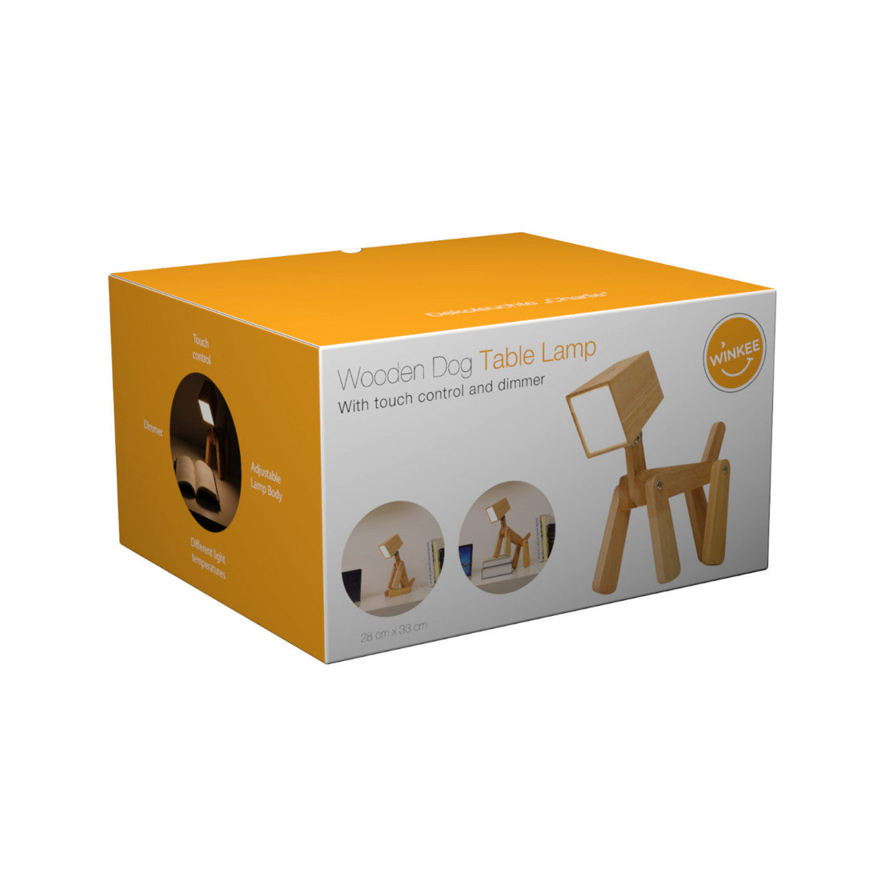 Orange-weißes Boxdesign für eine Hunde-Design Tischlampe aus Holz mit Touch-Steuerung und dimmbar.
