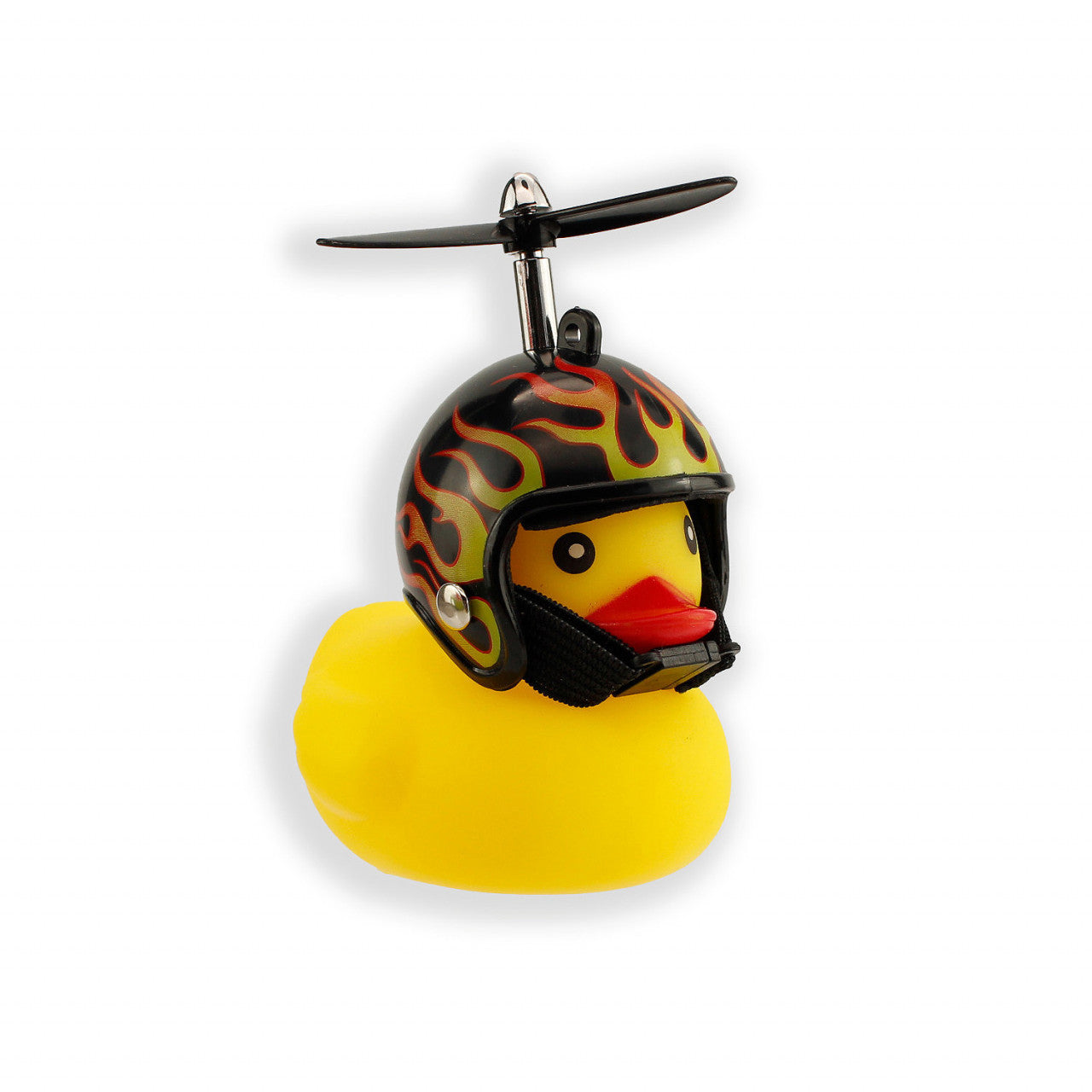 Gelbes Quietsche-Entchen mit einem Helm mit Flammen und Propeller oben drauf, perfekt zur Befestigung am Fahrrad mit einer Fahrradhalterung. Eine witzige Variante des klassischen Fahrradhupens vor einem sauberen weißen Hintergrund.