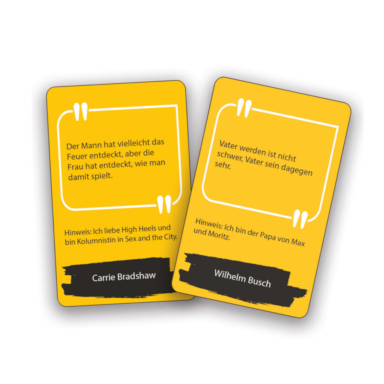 Zwei gelbe Karten mit deutschen Zitaten und Hinweisen, darunter der „Verfasser-Hinweis“ und Namen wie Carrie Bradshaw und Wilhelm Busch – perfekt für jedes Zitate-Quiz.