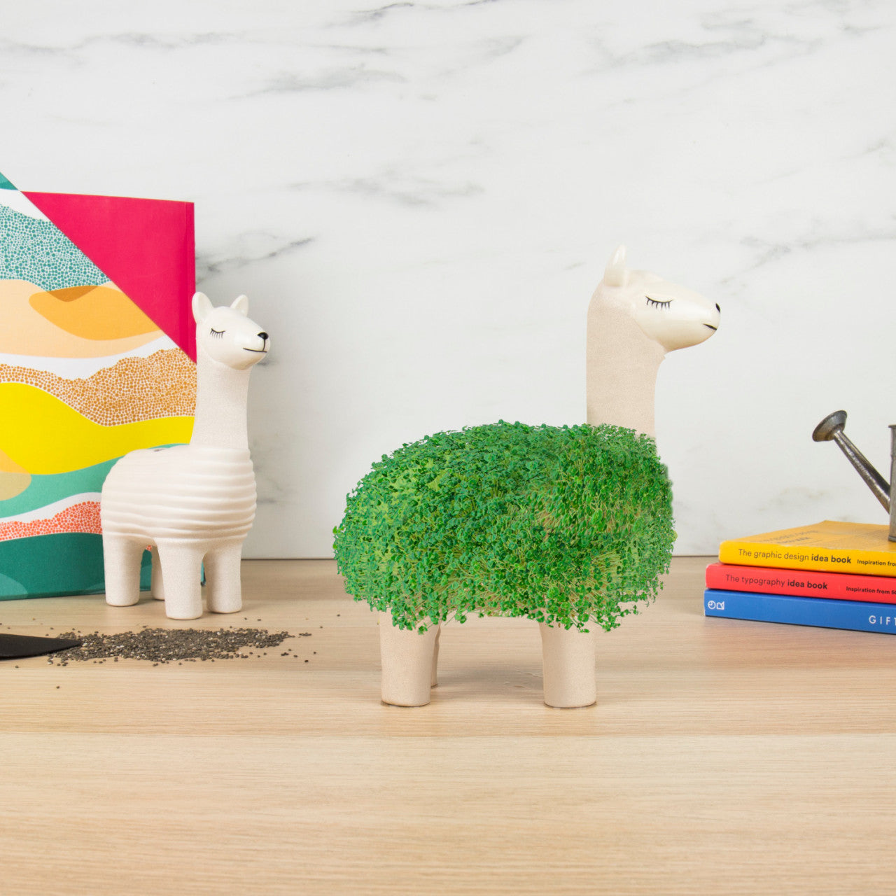 Zwei Lama-Pflanzgefäße aus Keramik stehen auf dem Tisch: Einer trägt essbares grünes Fell aus Chia-Samen, der andere bleibt schlicht weiß.