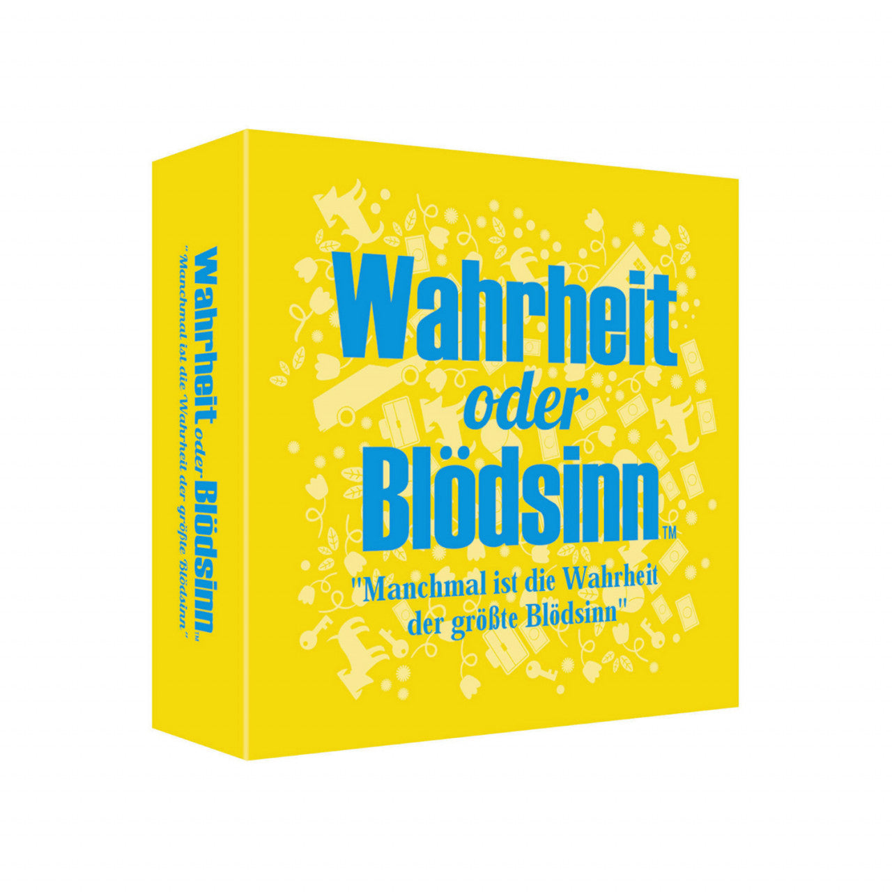 Gelbe Box für das unterhaltsame Spiel Wahrheit oder Blödsinn mit blau-weißem Text und verspielten Symbolen – ein interessantes Geschenk für jeden Spieleliebhaber.